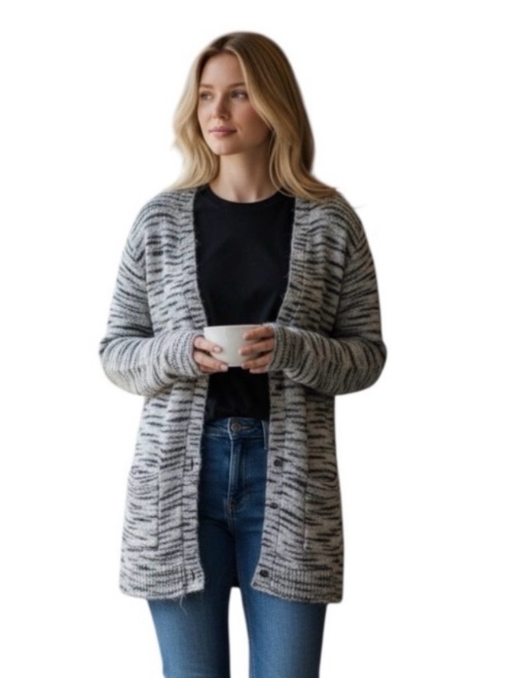 FP BEACH Women’s Long Sleeve Stripped Button Up Mohair Blend Cardigan size Small
